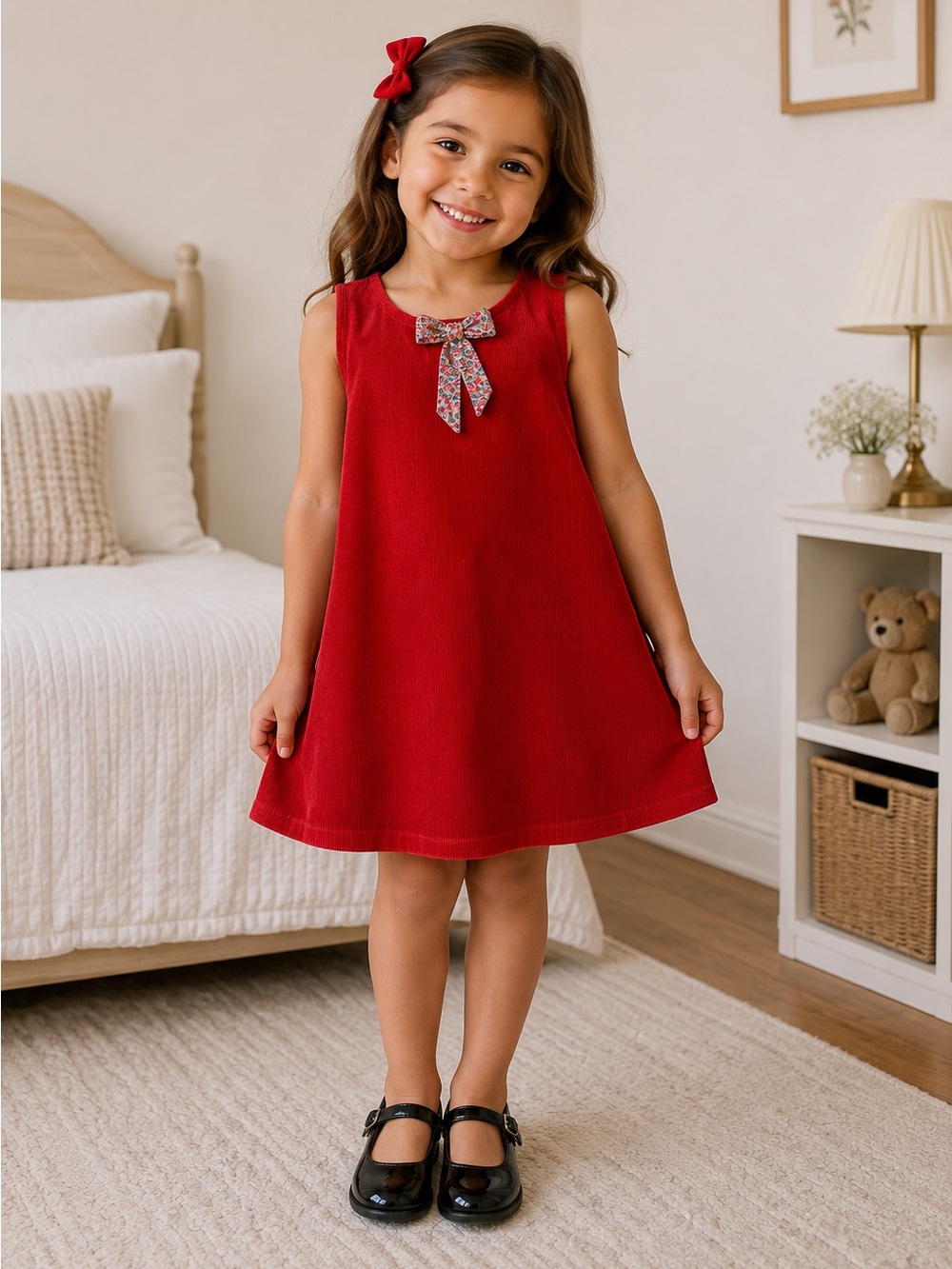 Beebay Red Corduroy Girls Dress with Floral Bow